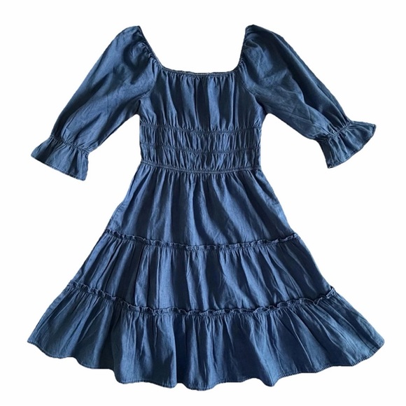Speed Limit MPH Dress Womens S Blue Chambray Smocked Tiered Ruffle Boho Cottage - Picture 3 of 15